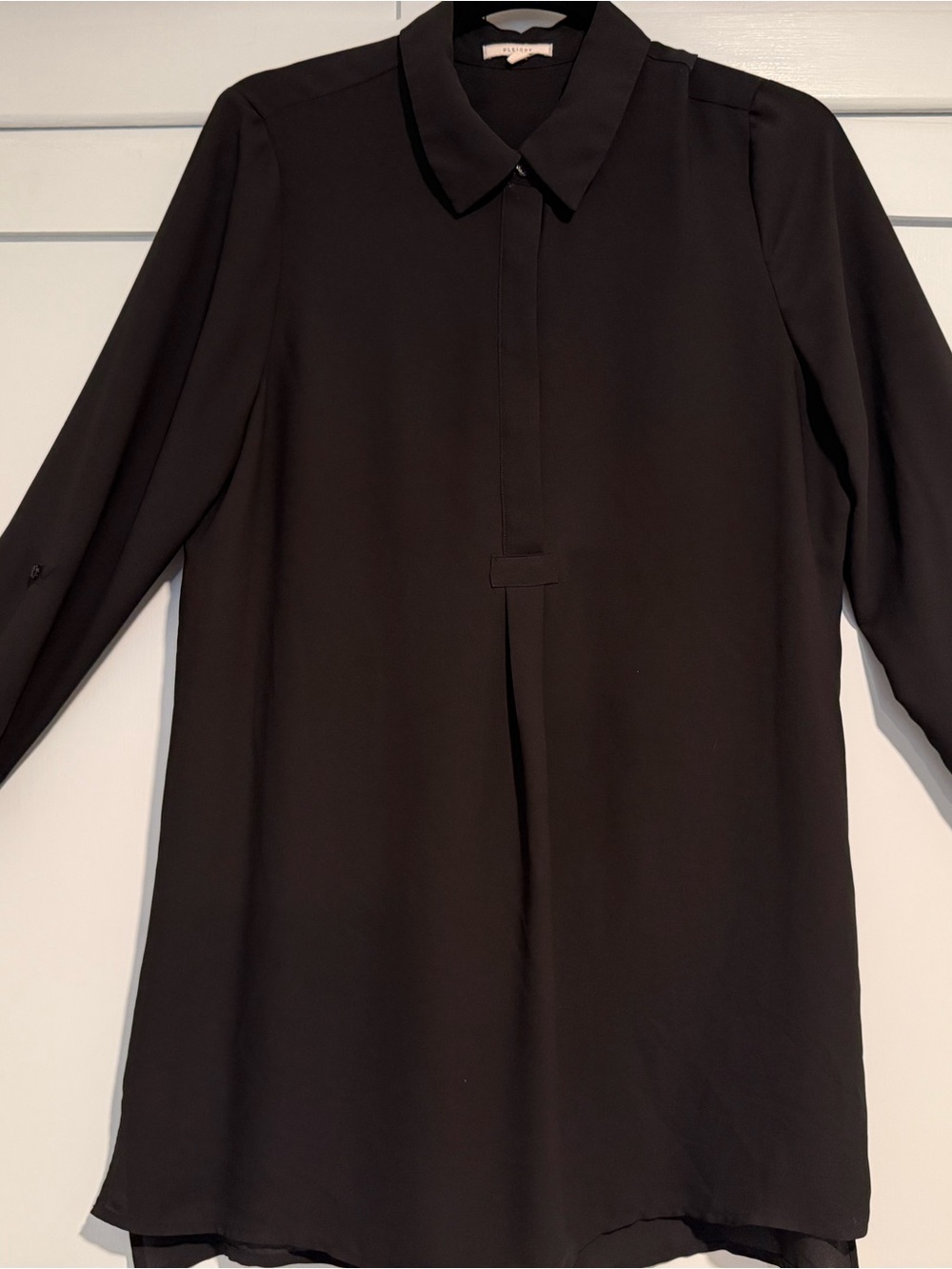 Pleione Sheer Black Long-Sleeve Tunic Blouse, Size Large, EUC